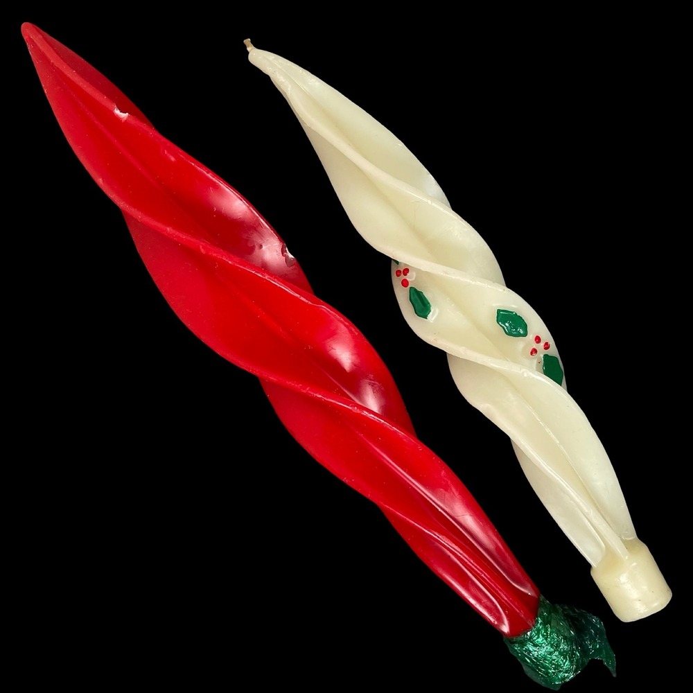 Vintage Christmas Candles‎ Red and Cream Spiral Holly Berry Decorations Set MCM